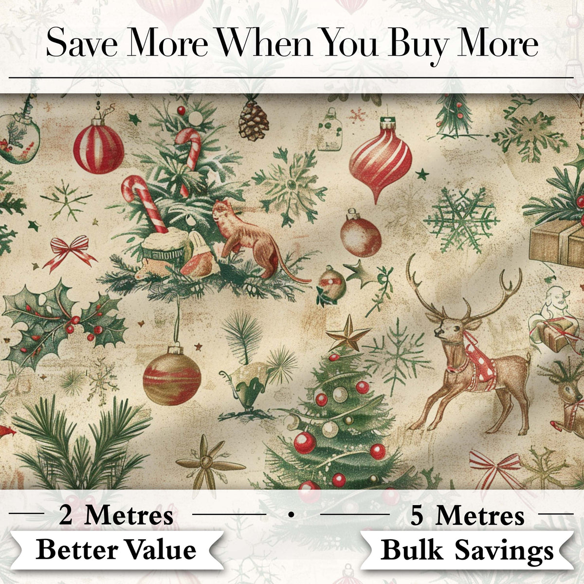 Vintage Woodland Christmas Tree Animals Ornaments  Holiday Design Digital Print Fabric by the Metre UK Sewing Quilting Textile