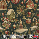 Vintage Winter Village Houses Snowy Christmas Seamless Pattern Festive Design Digital Print Fabric by the Metre UK Sewing Quilting Textile