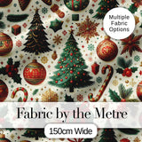 Traditional Christmas Tree Ornaments Candy Canes  Festive Design Digital Print Fabric by the Metre UK Sewing Quilting Textile