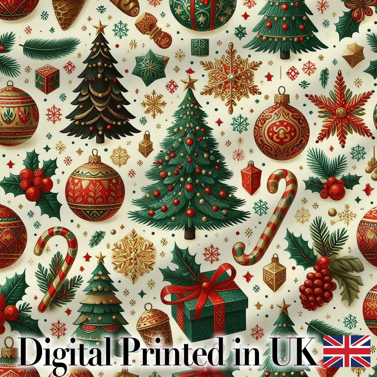 Traditional Christmas Tree Ornaments Candy Canes  Festive Design Digital Print Fabric by the Metre UK Sewing Quilting Textile