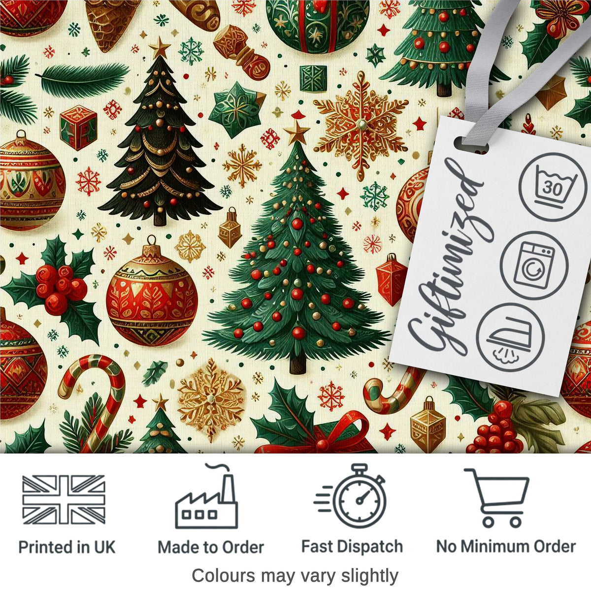 Traditional Christmas Tree Ornaments Candy Canes  Festive Design Digital Print Fabric by the Metre UK Sewing Quilting Textile