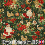 Vintage Santa Claus Reindeer Poinsettia Seamless Pattern Festive Design Digital Print Fabric by the Metre UK Sewing Quilting Textile
