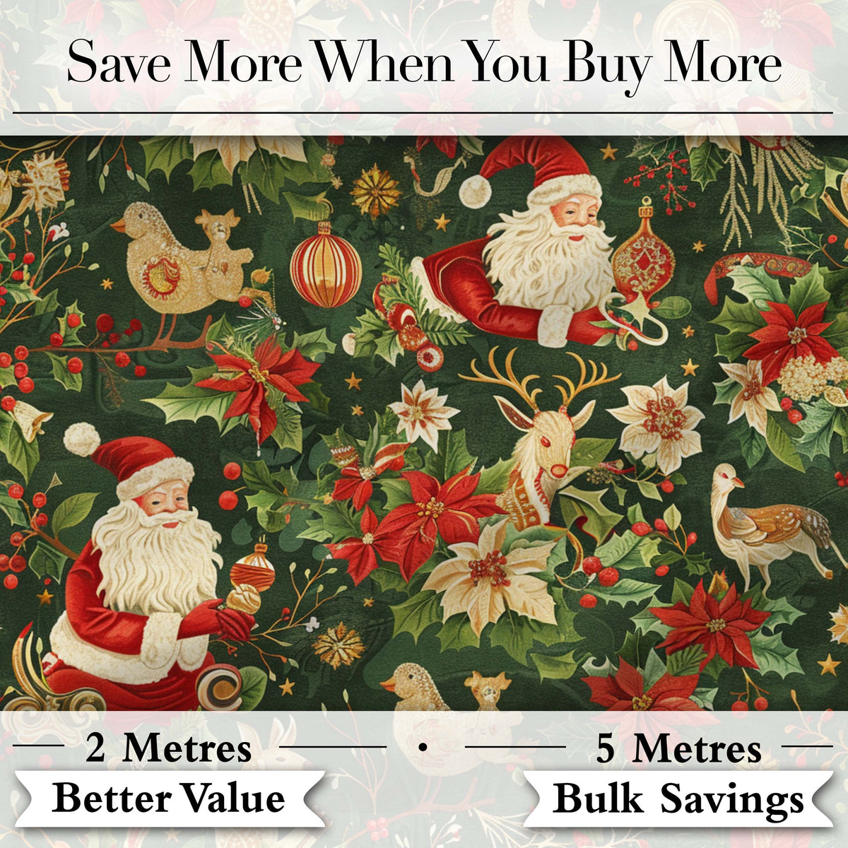 Vintage Santa Claus Reindeer Poinsettia Seamless Pattern Festive Design Digital Print Fabric by the Metre UK Sewing Quilting Textile