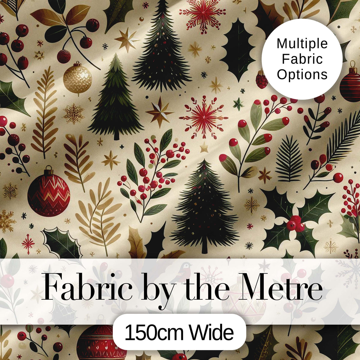 Vintage Christmas Trees Holly Berries Baubles  Festive Holiday Design Digital Print Fabric by the Metre UK Sewing Quilting Textile
