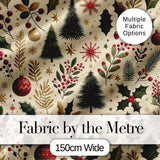 Vintage Christmas Trees Holly Berries Baubles  Festive Holiday Design Digital Print Fabric by the Metre UK Sewing Quilting Textile
