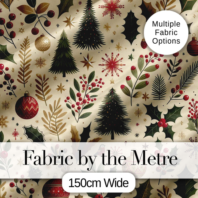 Vintage Christmas Trees Holly Berries Baubles  Festive Holiday Design Digital Print Fabric by the Metre UK Sewing Quilting Textile