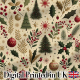 Vintage Christmas Trees Holly Berries Baubles  Festive Holiday Design Digital Print Fabric by the Metre UK Sewing Quilting Textile