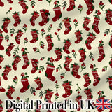 Christmas Stockings Holly Berries Seamless Pattern Festive Holiday Design Digital Print Fabric by the Metre UK Sewing Quilting Textile