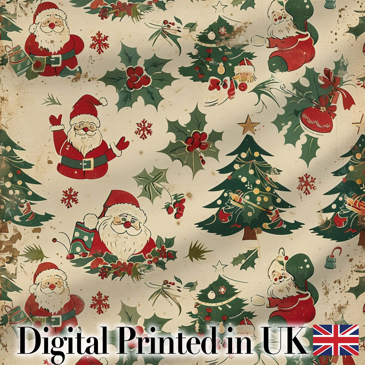 Cute Santa Claus Christmas Trees Holly Seamless Pattern Festive Holiday Design Digital Print Fabric by the Metre UK Sewing Quilting Textile