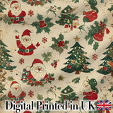 Cute Santa Claus Christmas Trees Holly Seamless Pattern Festive Holiday Design Digital Print Fabric by the Metre UK Sewing Quilting Textile