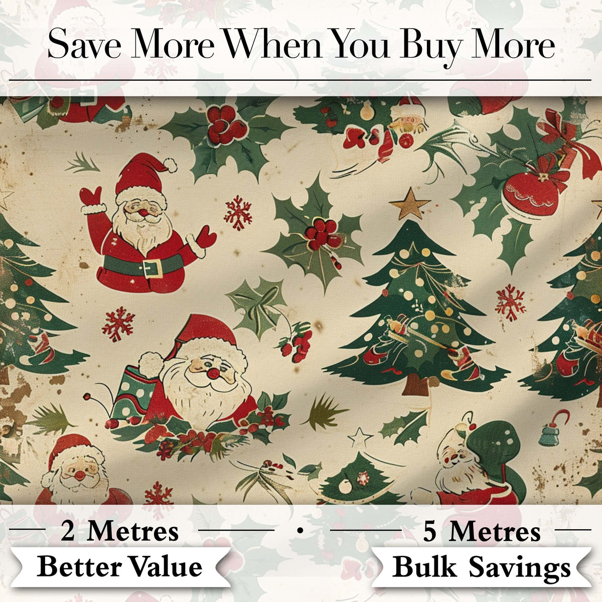 Cute Santa Claus Christmas Trees Holly Seamless Pattern Festive Holiday Design Digital Print Fabric by the Metre UK Sewing Quilting Textile