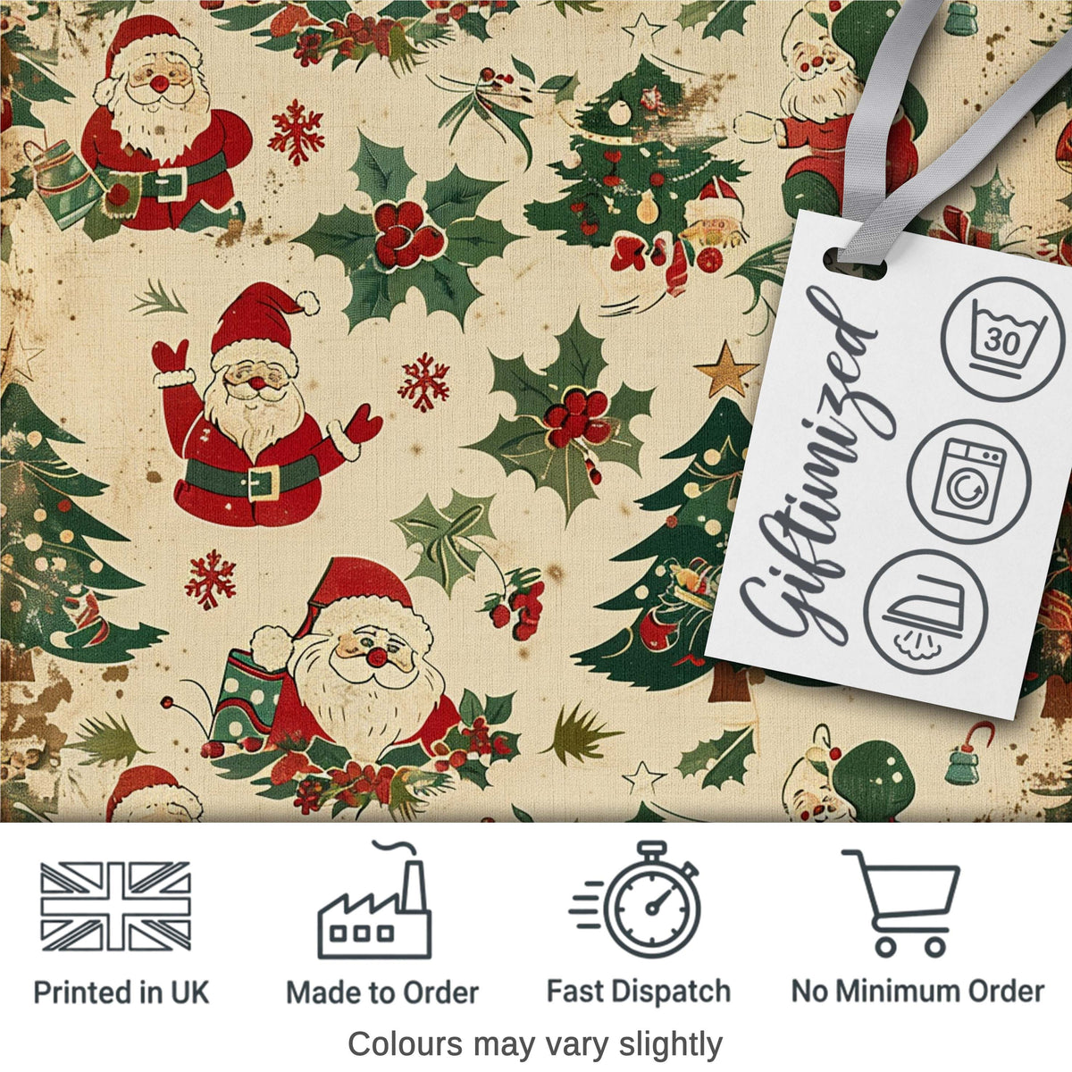 Cute Santa Claus Christmas Trees Holly Seamless Pattern Festive Holiday Design Digital Print Fabric by the Metre UK Sewing Quilting Textile