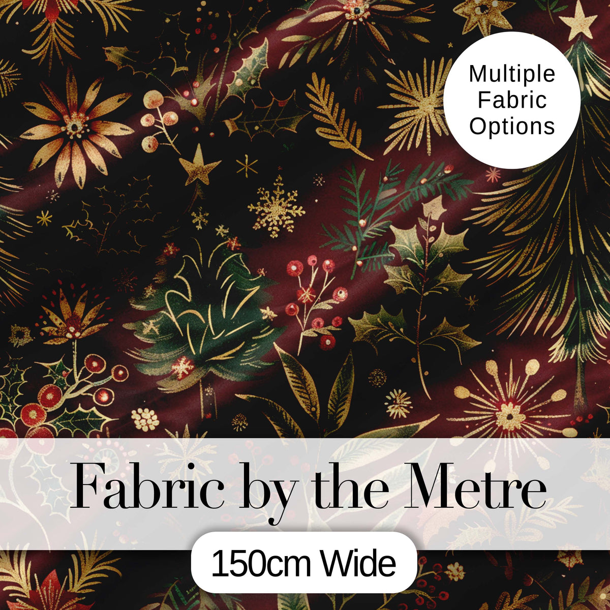 Elegant Christmas Botanical Pine Leaves Gold Accents Seamless Pattern Digital Print Fabric by the Metre UK Sewing Quilting Textile