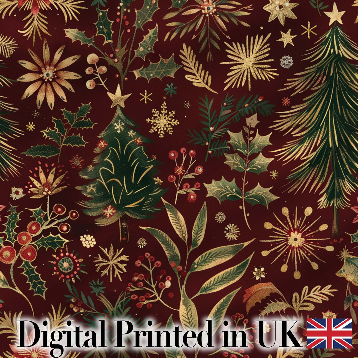 Elegant Christmas Botanical Pine Leaves Gold Accents Seamless Pattern Digital Print Fabric by the Metre UK Sewing Quilting Textile