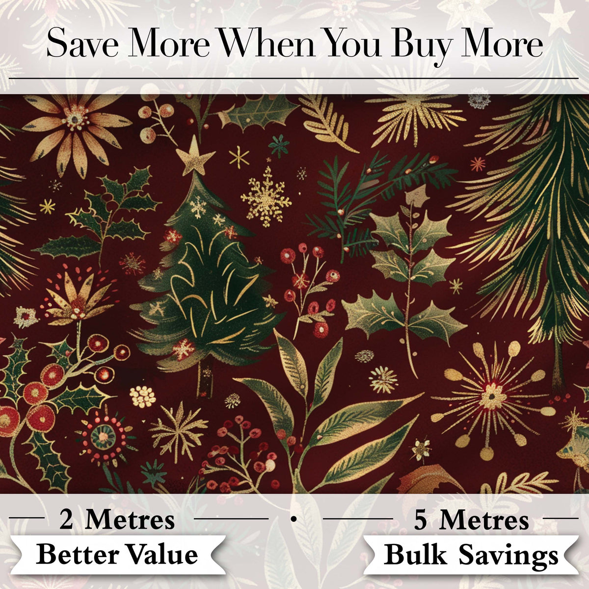 Elegant Christmas Botanical Pine Leaves Gold Accents Seamless Pattern Digital Print Fabric by the Metre UK Sewing Quilting Textile