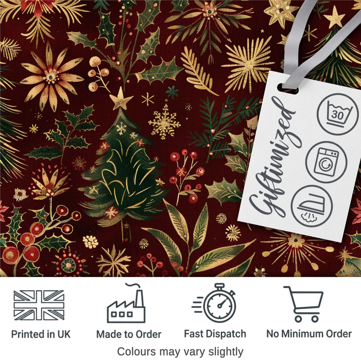 Elegant Christmas Botanical Pine Leaves Gold Accents Seamless Pattern Digital Print Fabric by the Metre UK Sewing Quilting Textile