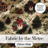 Classic Christmas Wreaths Bows Village Houses  Festive Holiday Design Digital Print Fabric by the Metre UK Sewing Quilting Textile