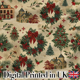 Classic Christmas Wreaths Bows Village Houses  Festive Holiday Design Digital Print Fabric by the Metre UK Sewing Quilting Textile