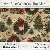 Classic Christmas Wreaths Bows Village Houses  Festive Holiday Design Digital Print Fabric by the Metre UK Sewing Quilting Textile