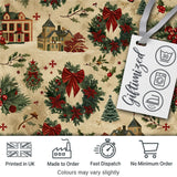 Classic Christmas Wreaths Bows Village Houses  Festive Holiday Design Digital Print Fabric by the Metre UK Sewing Quilting Textile