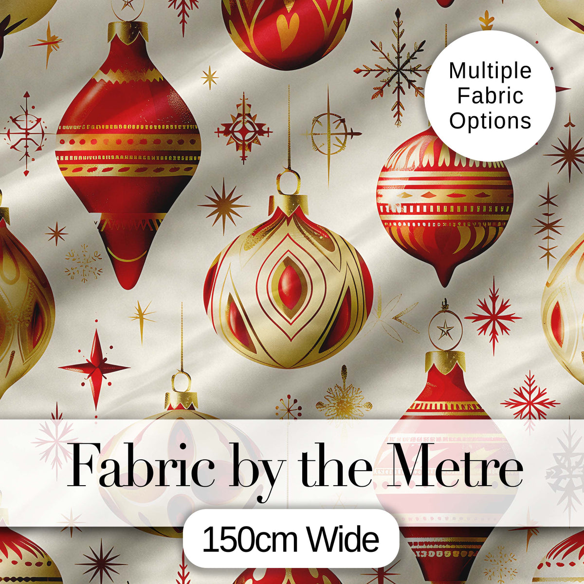 Elegant Red Gold Christmas Baubles Snowflakes  Festive Holiday Design Digital Print Fabric by the Metre UK Sewing Quilting Textile