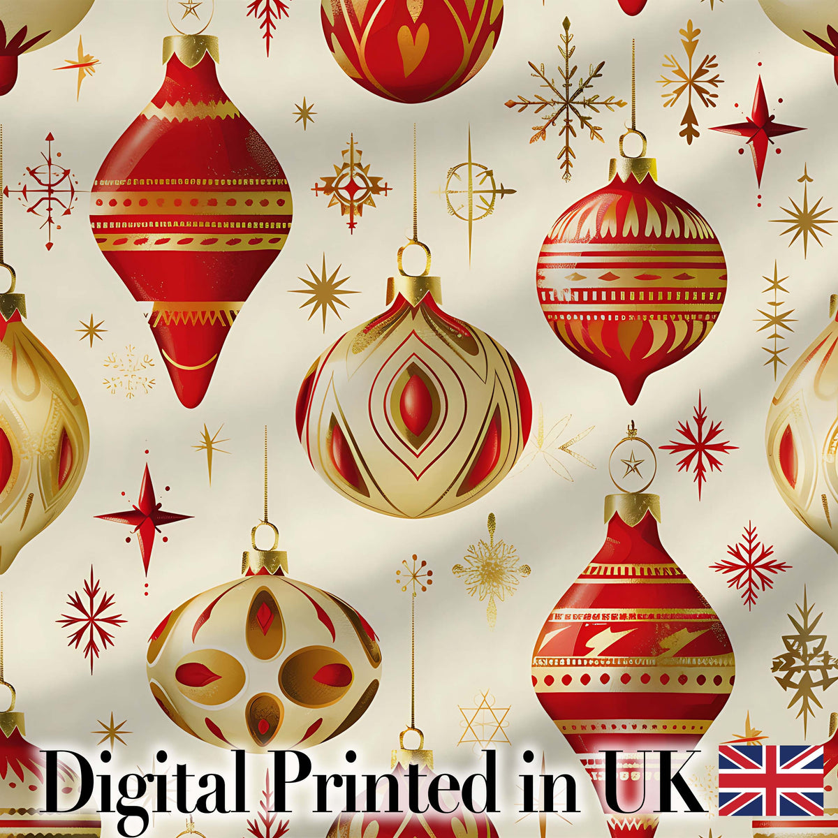 Elegant Red Gold Christmas Baubles Snowflakes  Festive Holiday Design Digital Print Fabric by the Metre UK Sewing Quilting Textile