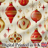 Elegant Red Gold Christmas Baubles Snowflakes  Festive Holiday Design Digital Print Fabric by the Metre UK Sewing Quilting Textile