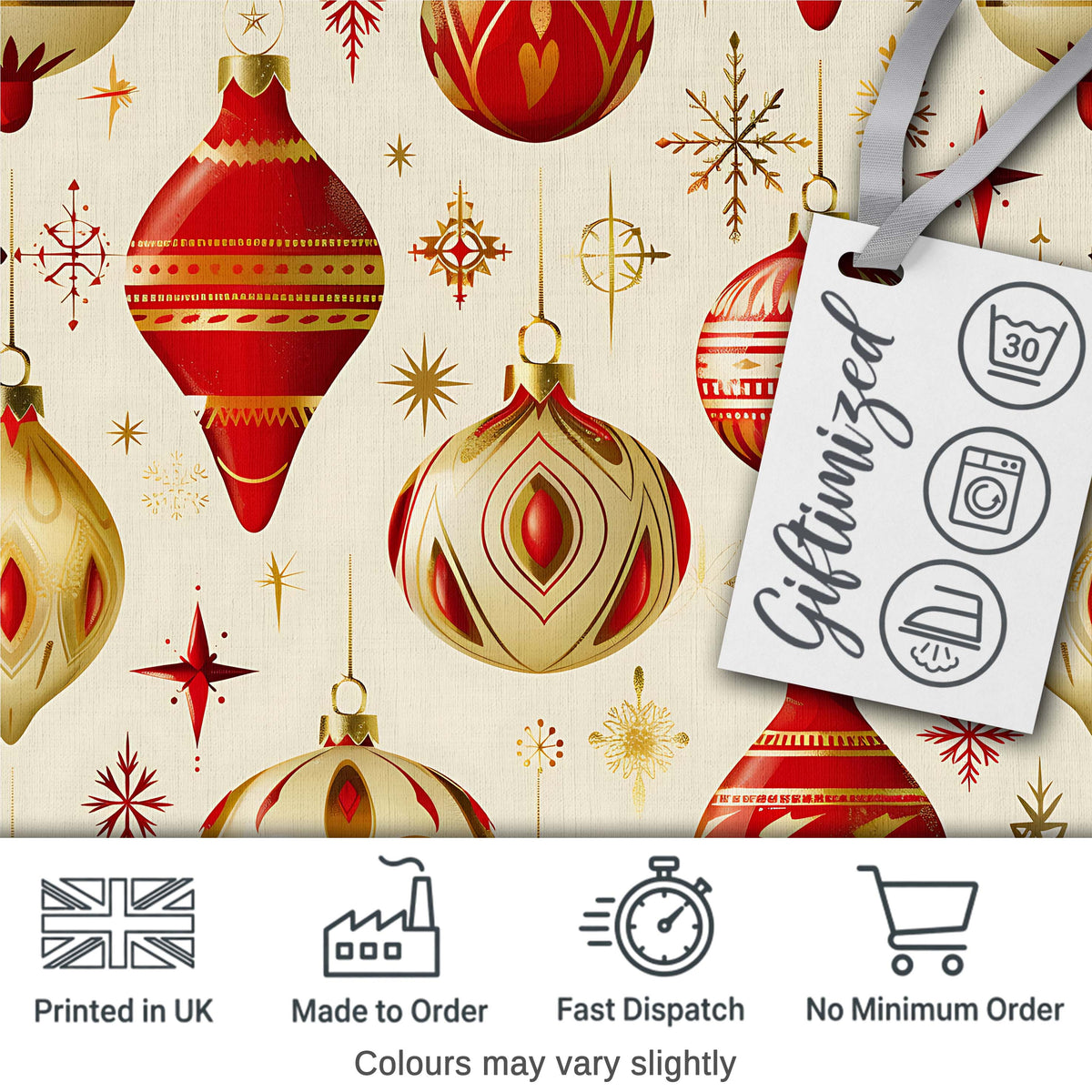 Elegant Red Gold Christmas Baubles Snowflakes  Festive Holiday Design Digital Print Fabric by the Metre UK Sewing Quilting Textile
