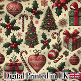 Vintage Christmas Tree Candy Cane Gifts Holly  Festive Holiday Design Digital Print Fabric by the Metre UK Sewing Quilting Textile