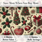 Vintage Christmas Tree Candy Cane Gifts Holly  Festive Holiday Design Digital Print Fabric by the Metre UK Sewing Quilting Textile
