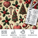 Vintage Christmas Tree Candy Cane Gifts Holly  Festive Holiday Design Digital Print Fabric by the Metre UK Sewing Quilting Textile