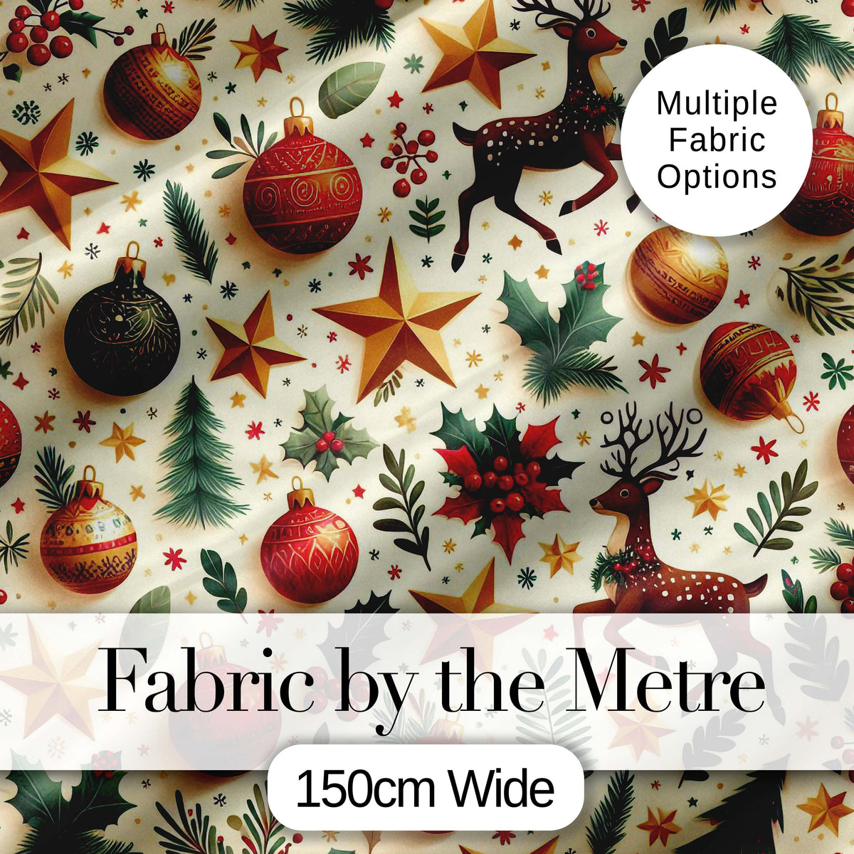 Festive Reindeer Stars Baubles Holly Seamless Pattern Christmas Holiday Design Digital Print Fabric by the Metre UK Sewing Quilting Textile