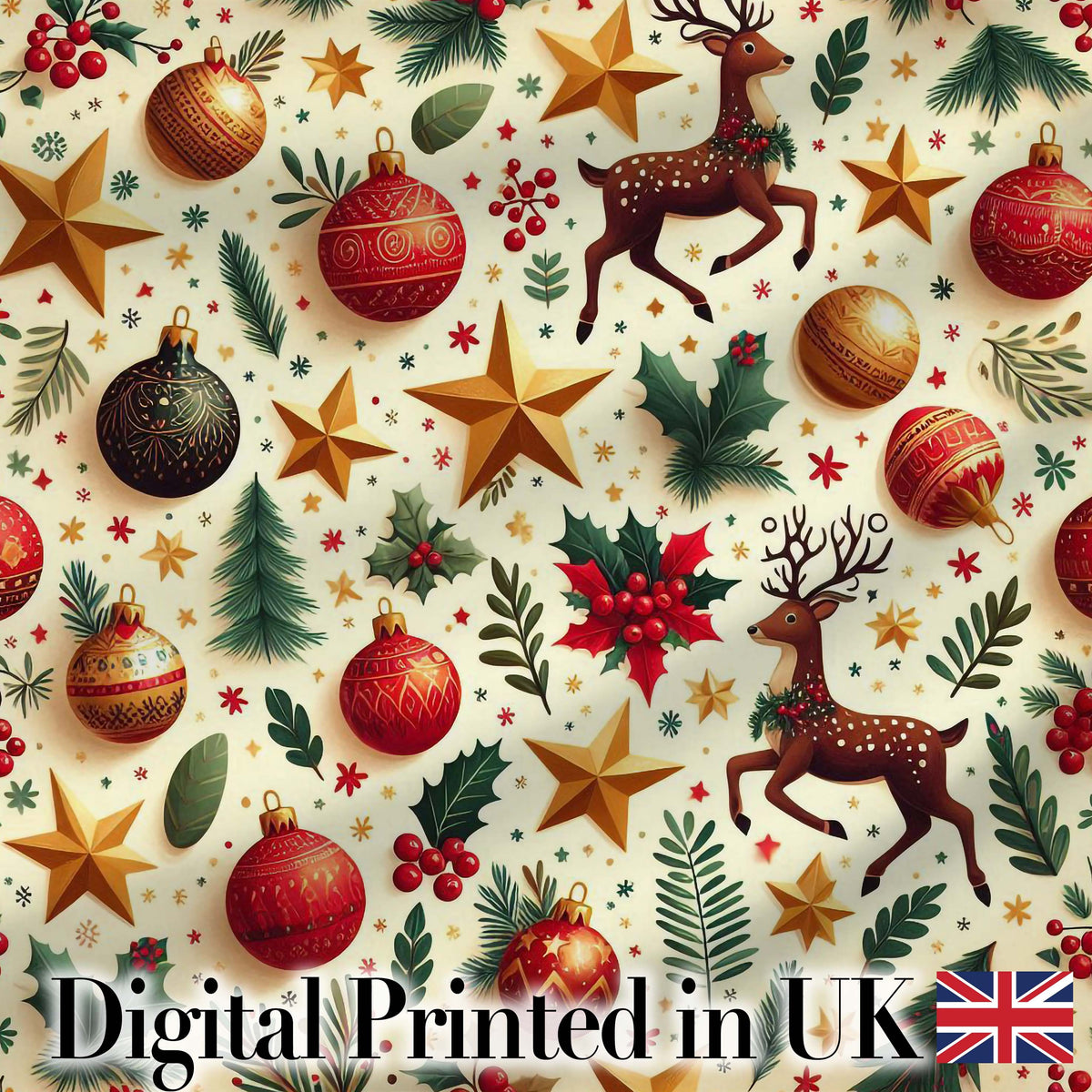Festive Reindeer Stars Baubles Holly Seamless Pattern Christmas Holiday Design Digital Print Fabric by the Metre UK Sewing Quilting Textile