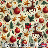 Festive Reindeer Stars Baubles Holly Seamless Pattern Christmas Holiday Design Digital Print Fabric by the Metre UK Sewing Quilting Textile