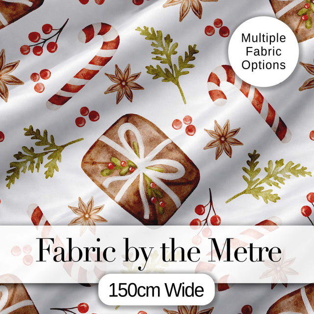 Watercolor Christmas Candy Canes Gift Box  Festive Holiday Design Digital Print Fabric by the Metre UK Sewing Quilting Textile