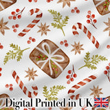 Watercolor Christmas Candy Canes Gift Box  Festive Holiday Design Digital Print Fabric by the Metre UK Sewing Quilting Textile