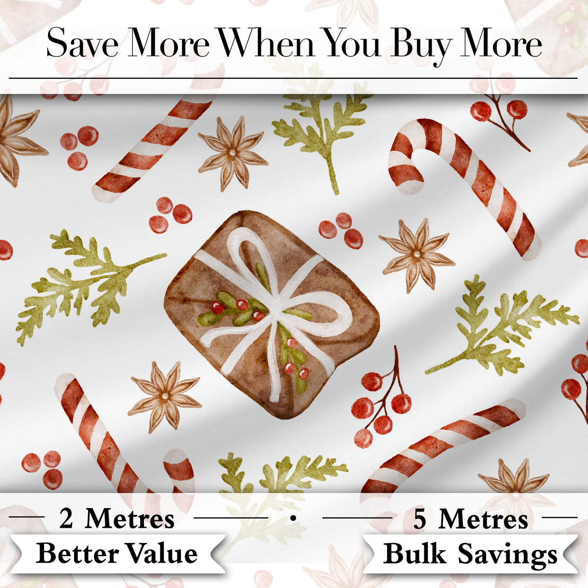 Watercolor Christmas Candy Canes Gift Box  Festive Holiday Design Digital Print Fabric by the Metre UK Sewing Quilting Textile