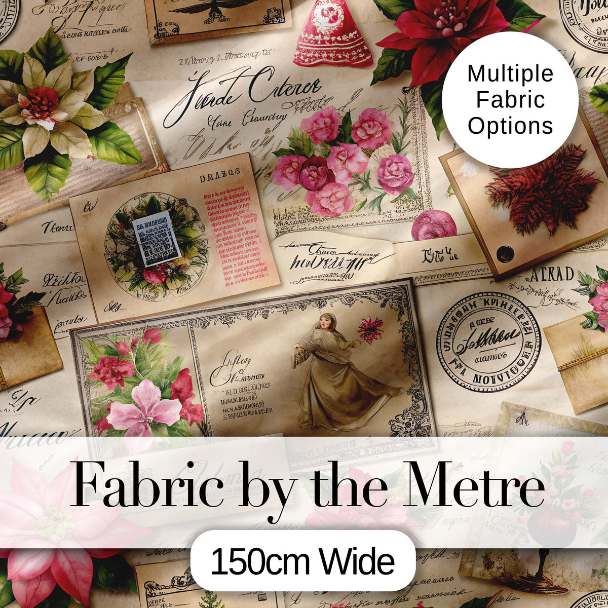 Vintage Floral Christmas Postcards Collage  Festive Holiday Design Digital Print Fabric by the Metre UK Sewing Quilting Textile
