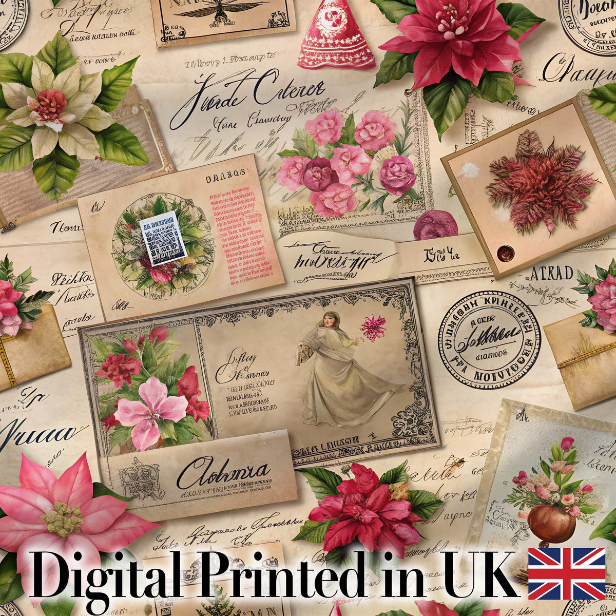 Vintage Floral Christmas Postcards Collage  Festive Holiday Design Digital Print Fabric by the Metre UK Sewing Quilting Textile