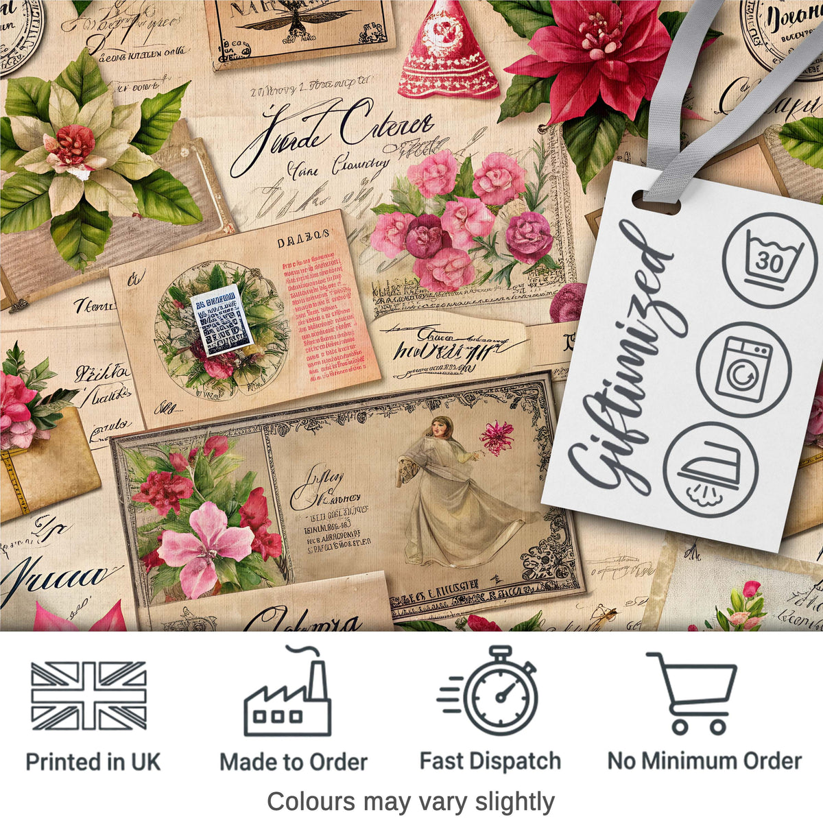 Vintage Floral Christmas Postcards Collage  Festive Holiday Design Digital Print Fabric by the Metre UK Sewing Quilting Textile