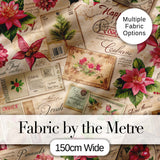 Vintage Christmas Letters Poinsettia Floral Collage  Festive Holiday Design Digital Print Fabric by the Metre UK Sewing Quilting Textile