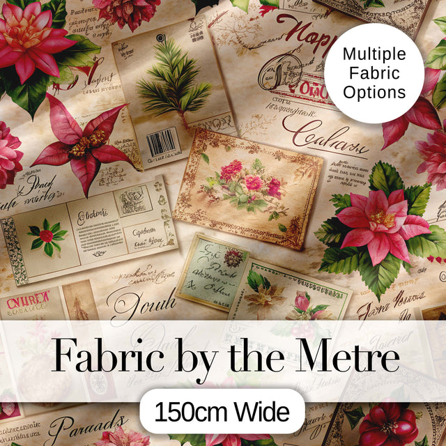 Vintage Christmas Letters Poinsettia Floral Collage  Festive Holiday Design Digital Print Fabric by the Metre UK Sewing Quilting Textile