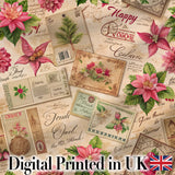 Vintage Christmas Letters Poinsettia Floral Collage  Festive Holiday Design Digital Print Fabric by the Metre UK Sewing Quilting Textile