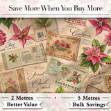 Vintage Christmas Letters Poinsettia Floral Collage  Festive Holiday Design Digital Print Fabric by the Metre UK Sewing Quilting Textile