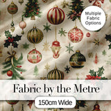 Vintage Christmas Baubles Holly Pine Branches  Festive Holiday Design Digital Print Fabric by the Metre UK Sewing Quilting Textile
