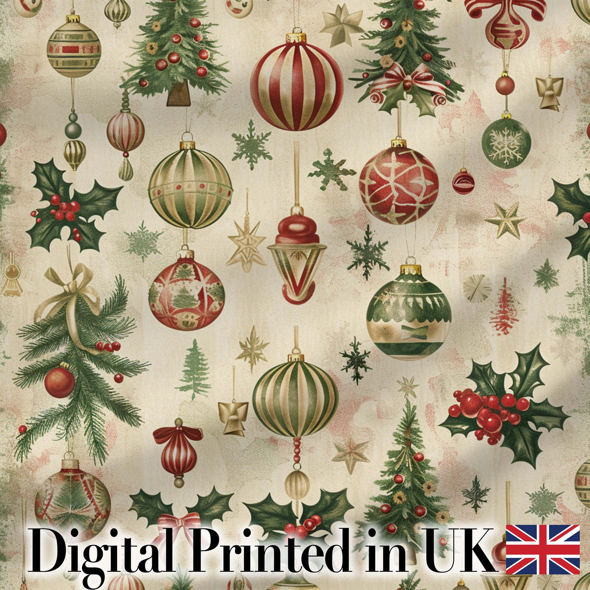 Vintage Christmas Baubles Holly Pine Branches  Festive Holiday Design Digital Print Fabric by the Metre UK Sewing Quilting Textile