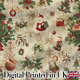 Vintage Santa Gifts Holly Snowflakes  Festive Christmas Holiday Design Digital Print Fabric by the Metre UK Sewing Quilting Textile