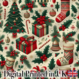 Christmas Gift Boxes Candy Cane Holly Stockings  Festive Holiday Design Digital Print Fabric by the Metre UK Sewing Quilting Textile