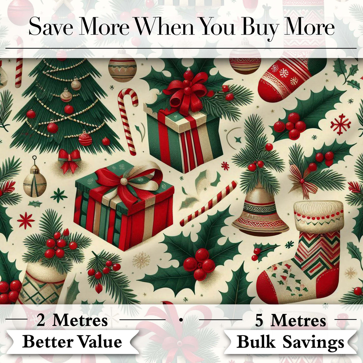 Christmas Gift Boxes Candy Cane Holly Stockings  Festive Holiday Design Digital Print Fabric by the Metre UK Sewing Quilting Textile