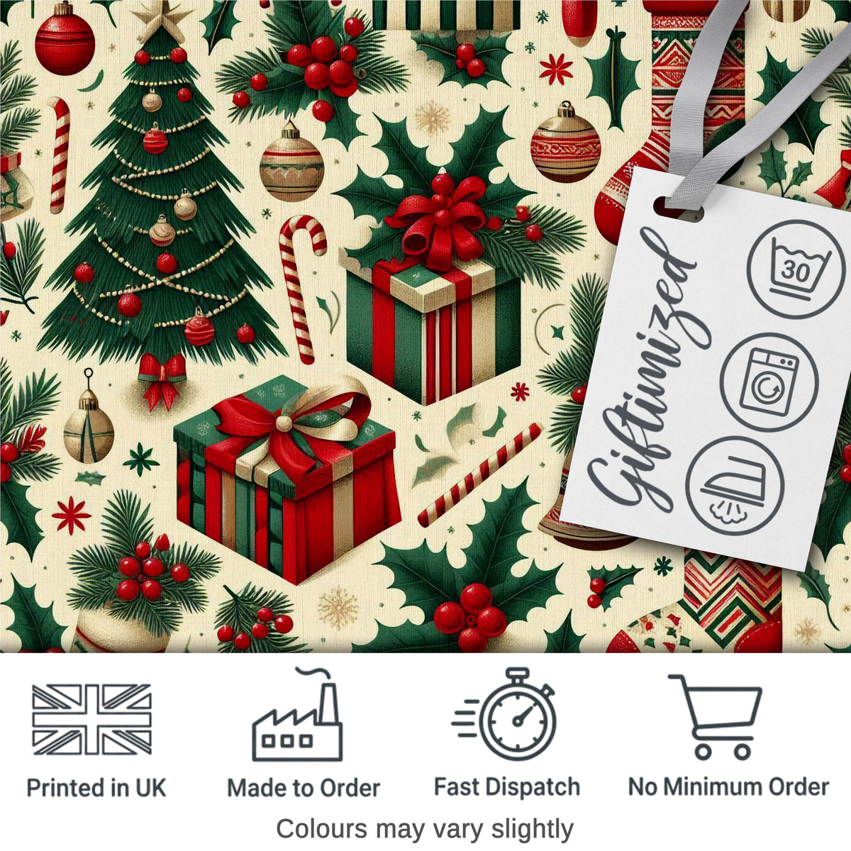 Christmas Gift Boxes Candy Cane Holly Stockings  Festive Holiday Design Digital Print Fabric by the Metre UK Sewing Quilting Textile